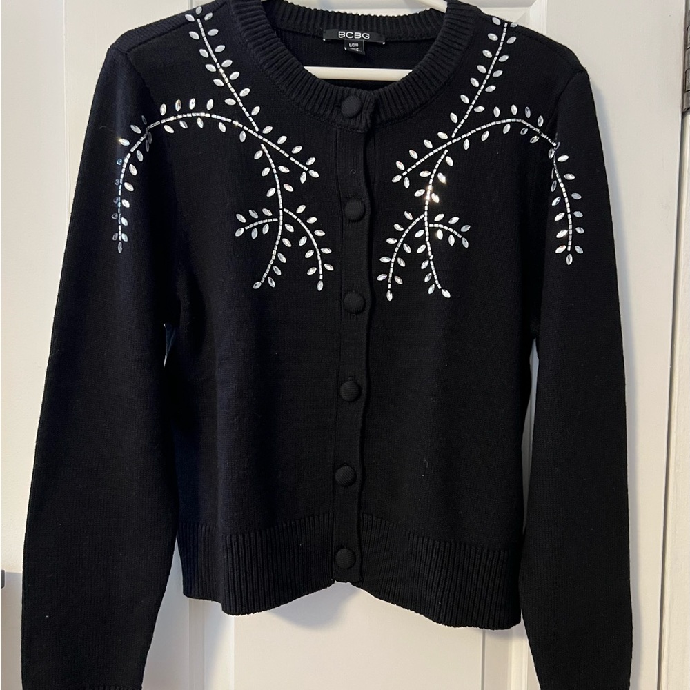 BCBG Black Cardigan with Rhinestone  Embellishments